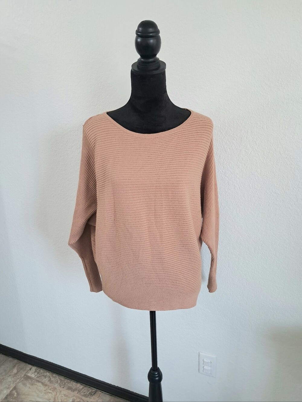 Fore Ottoman Ribbed Dolman Sleeve Sweater Pink Tan Slouchy Long Sleeve Women's S